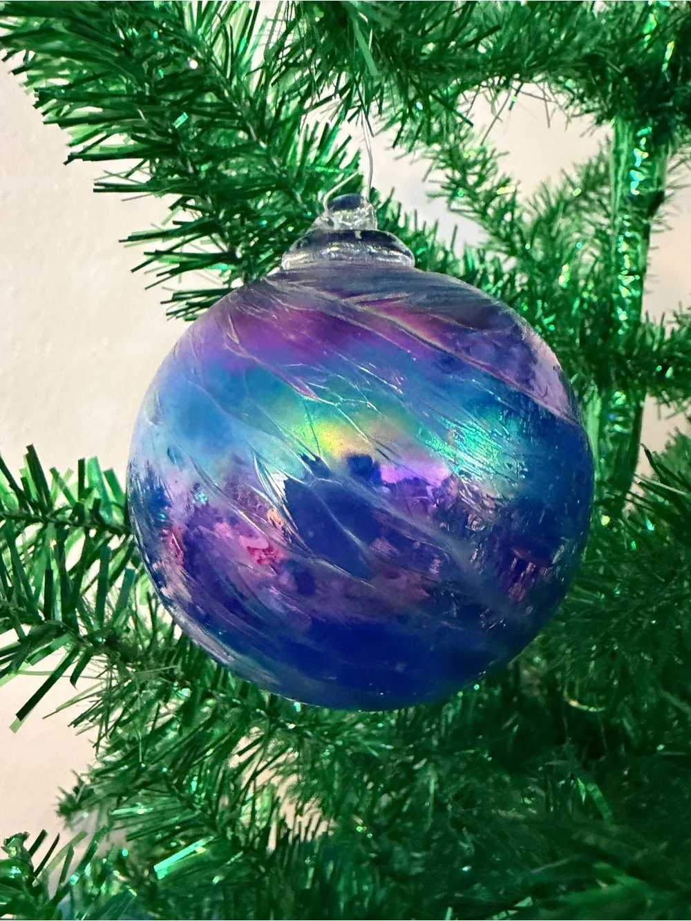 Iridescent Blue Glass Christmas Bauble Ornament Medium Swirl Stripe Hanging